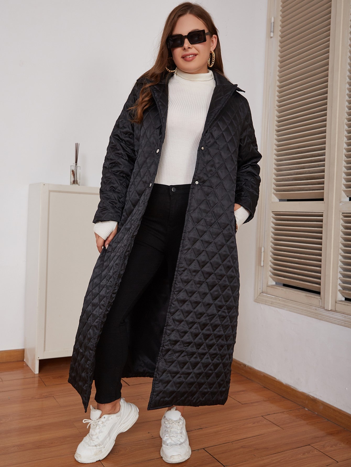 Plus Size Snap Front Lapel Collar Quilted Duster Coat